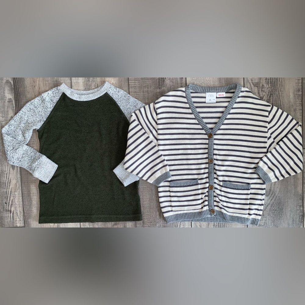 Rumi + Ryder Sage Gray Zara Kids Striped Pocket Cardigan Sweater Bundle Boys 4-5